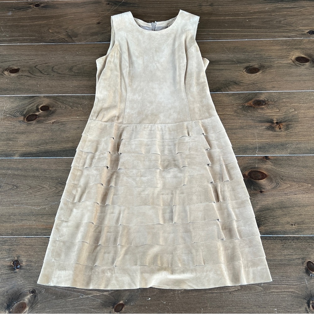Etcetera Suede Ruffled Sleeveless Lined Sheath Dress